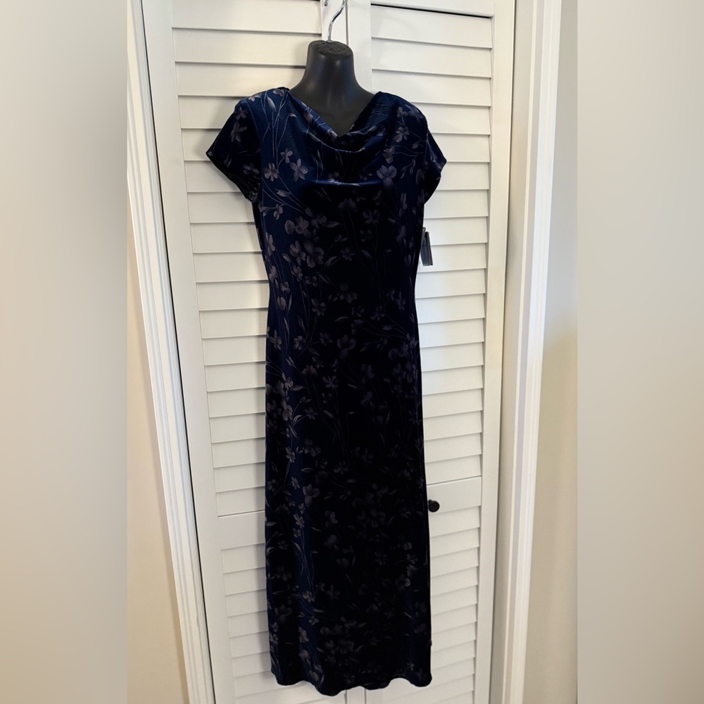 David Warren Elegant Navy Floral Velvet Stretch Maxi Dress Size 4 Petite NWT